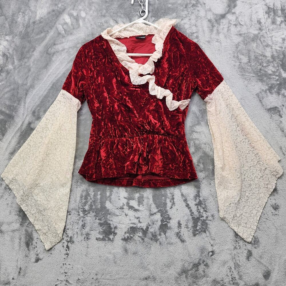 Vintage NTCO Nomadic Traders Top Womens S Red Cream Velvet Lace Bell Sleeves